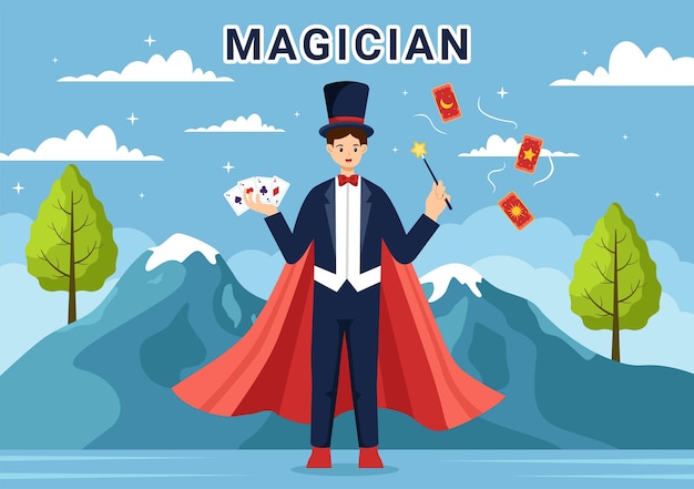 Magician illustration with illusionist conjuring tricks and waving a magic wand on a stage