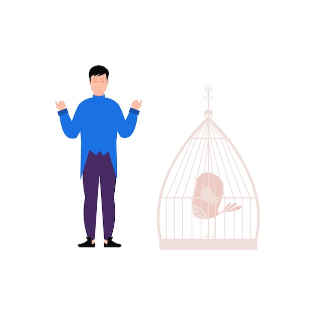 Vector magician performing tricks with a bird in a cage