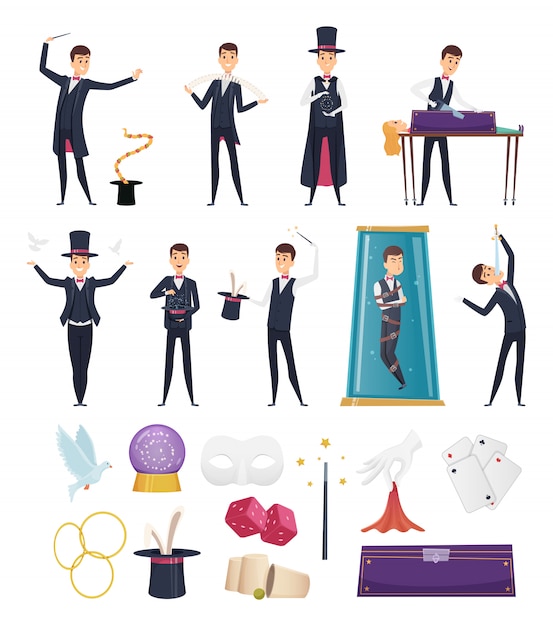 Vector magician. show performer in costume and items cards rabbit in hat magic handkerchiefs wand cards steel deck cartoons