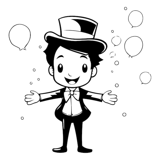 Vector magician with hat and balloons vector illustration in cartoon style