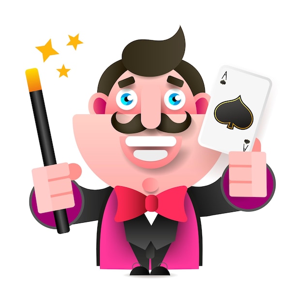 Vector magician with magic wand and card in hand vector illustration on white background