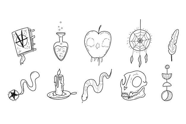 Magisch esoterisch symbool - scull, slang, vergif, kat, maan, kaars. Heks met de hand getekend magisch element