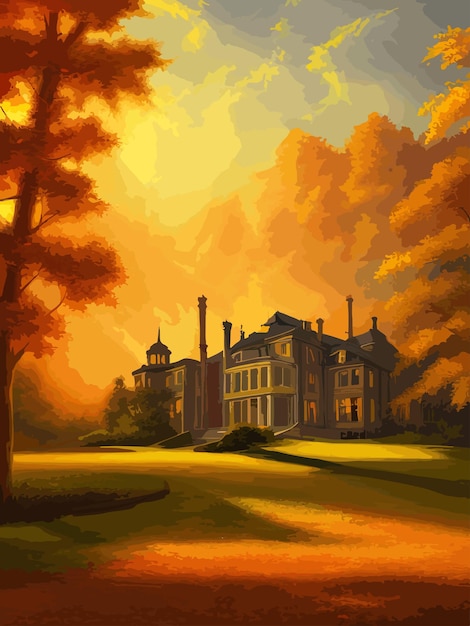 Magisch kasteel en middeleeuwse stadsgebouwen in het landschap van het herfstlandschap, sprookjeskoninkrijkspaleis met