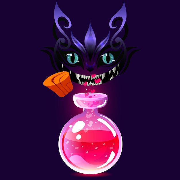Magisch liefdesdrankje met Cheshire cat geïsoleerd op zwarte achtergrond Vector illustratie EPS10