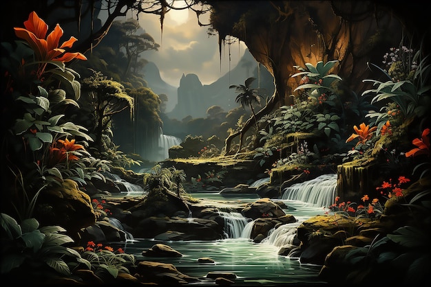Magisch meer met waterval en grote blauwe maan Mythische 3D-beeld van rivier in een bos met herfst