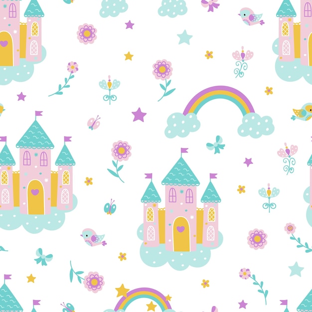 Magisch sprookjesachtig kasteel naadloos patroon Schattig meisje prinses mode print met vogels regenboog en bloemen Schattig kinderachtig vector textuur