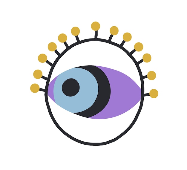 Magische boze oog in cirkel. Esoterische spirituele oogbol met wimpers. Mystieke heilige ontwerpelement in doodle stijl. Platte vectorillustratie van metselaar symbool geïsoleerd op een witte achtergrond.