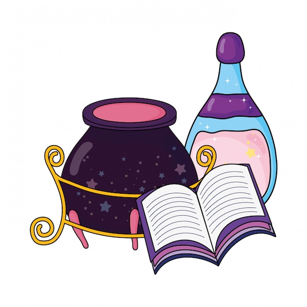 Magische heksenketel met drankfles en boek