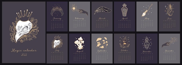 Magische kalender 2022 Vintage heks items Raven schedel hekserij mystiek 12 maanden 2022 pagina's