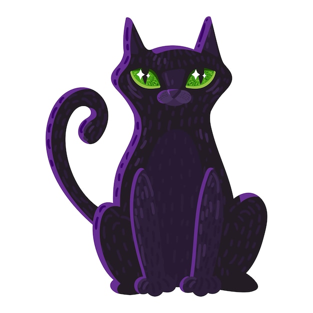 Magische kat met grote groene ogen kleur icoon. Halloween-symbool. Fairy beest met twisterstaart. Hekserij cartoon sticker. Mystieke dierlijke geïsoleerde vectorillustratie