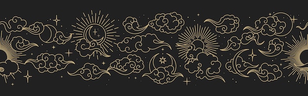 Magische naadloze vectorgrens met manen, wolken, sterren en zonnen. Chinees gouden decoratief ornament. Grafisch patroon voor astrologie, esoterisch, tarot, mystiek en magie.