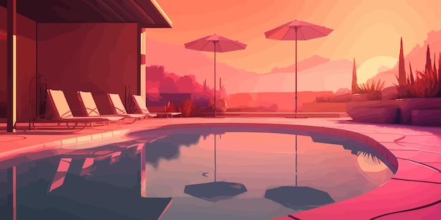 Vector magische oase een kleurrijke cartoon zwembad en stoel scène