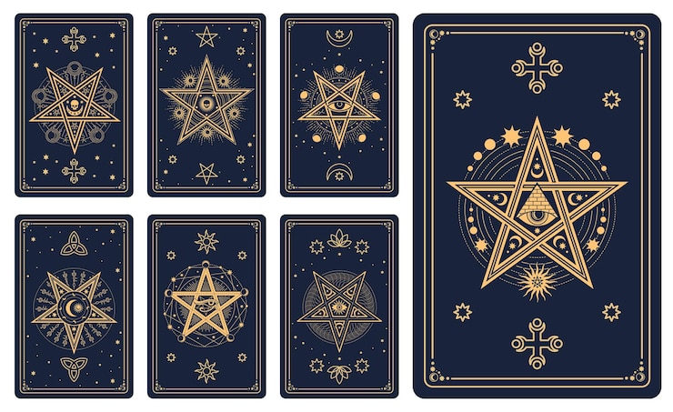 Vector magische occulte tarotkaarten met maan, zon en sterren.