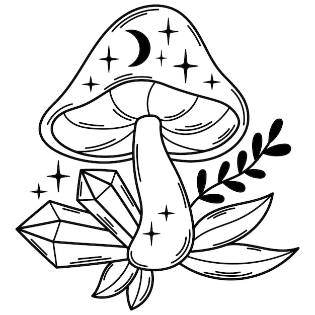 Magische paddestoel kristal overzicht vector clipart. Mystieke boho hemelse lijnkunstpaddestoelen