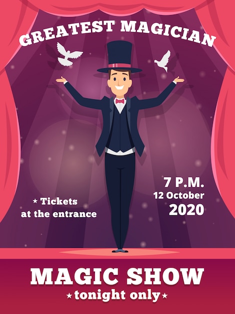 Magische posteruitnodiging. circus goochelaar toont plakkaten sjabloon rode gordijnen shows van tovenaar trucs achtergrond
