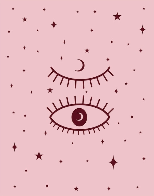 Magische roze illustratie. ogen met maan op de lichtroze achtergrond. vector kunst