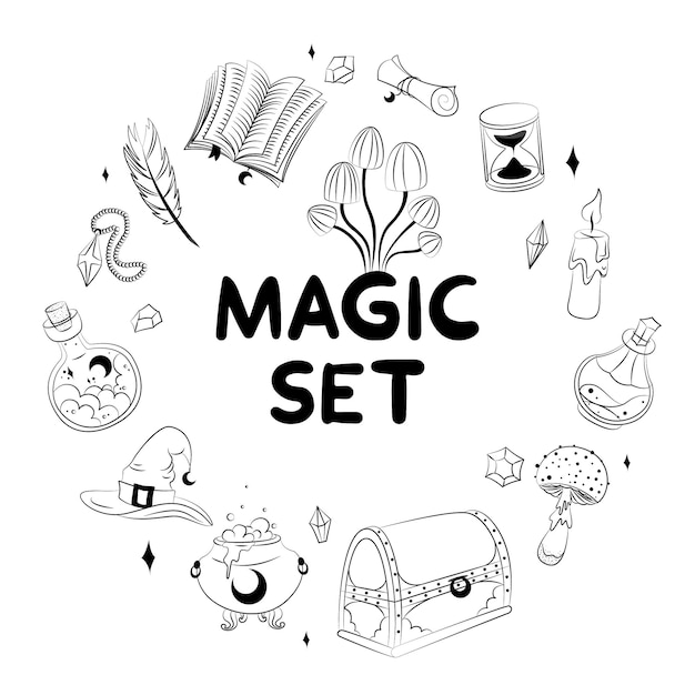Vector magische set magische voorwerpen magische achtergrond wonder kaars betovering fantasie tarot kaarten occult