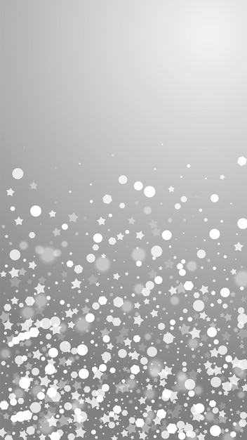 Vector magische sterren schaarse kerstachtergrond. subtiele vliegende sneeuwvlokken en sterren op grijze achtergrond. leuke winter zilveren sneeuwvlok overlay sjabloon. nieuwsgierige verticale illustratie.