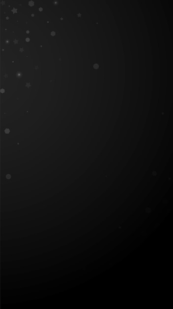 Vector magische sterren willekeurige kerstachtergrond. subtiele vliegende sneeuwvlokken en sterren op zwarte achtergrond. schattige winter zilveren sneeuwvlok overlay sjabloon. heerlijke verticale illustratie.