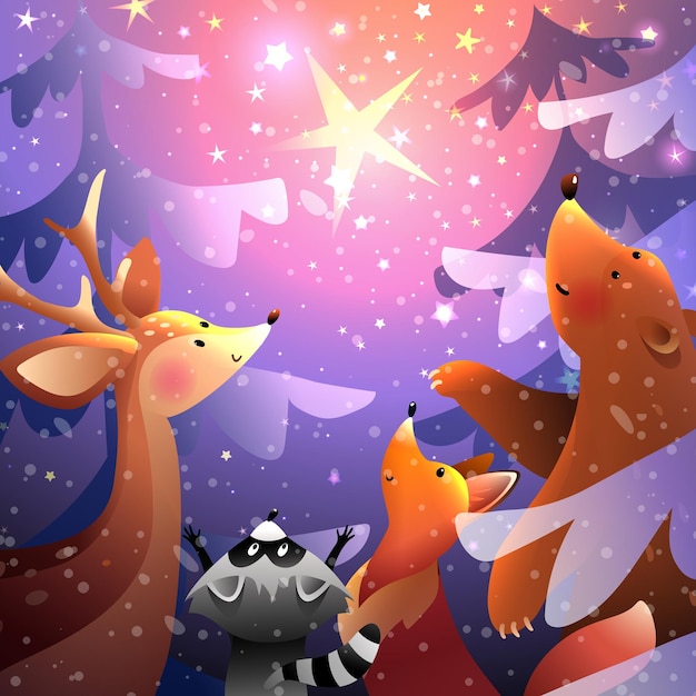 Magische winter bostafereel met dieren kijken naar sterren in de lucht Beer vos herten en wasbeer in de winter Bos scène kijken naar sterren 's nachts Vectorillustratie voor kinderen in aquarel stijl