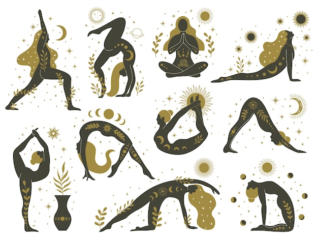 Vector magische yogavrouwen. mystieke esoterische vrouwelijke silhouetten, set van minimalistische mediterende meisjes
