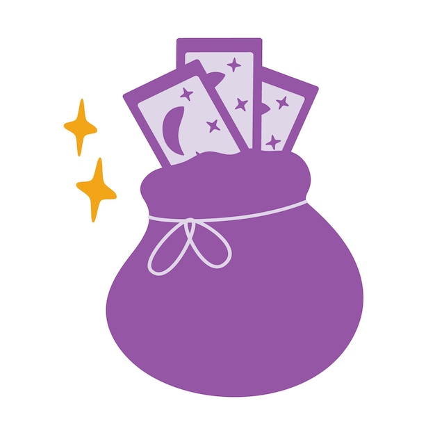 Magische zak met tarotkaarten voor waarzeggerij en decoratieve sterren in trendy paarse monochrome