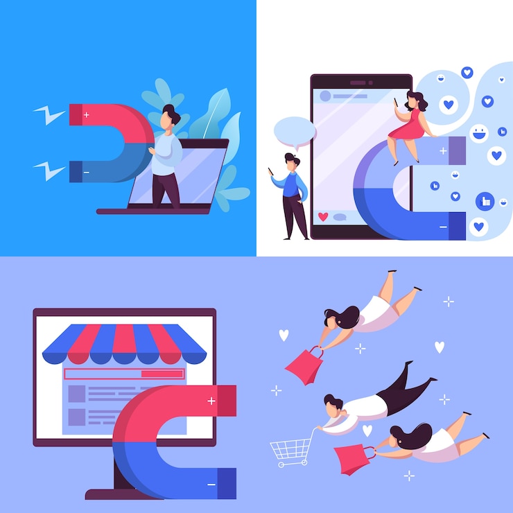 वेक्टर magnet attract customer web banner concept set