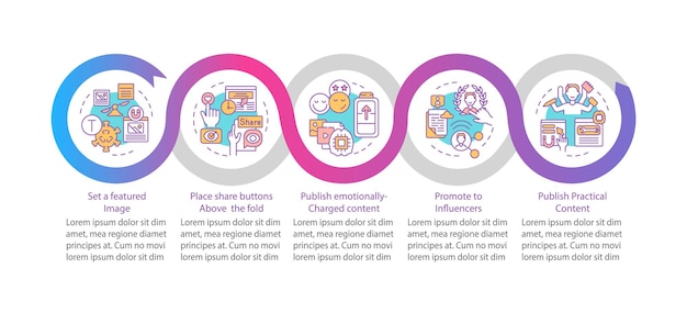 Suggerimenti per il contenuto magnetico modello di infografica vettoriale. elementi di design del profilo di presentazione dell'immagine in primo piano. visualizzazione dei dati con 5 passaggi. grafico delle informazioni sulla sequenza temporale del processo. layout del flusso di lavoro con icone di linea