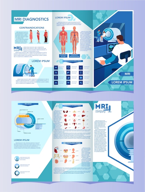 Magnetic resonance imaging advert brochure. medical research and diagnosis. modern tomographic scanner. health care concept. mri booklet or flyer with infographics.