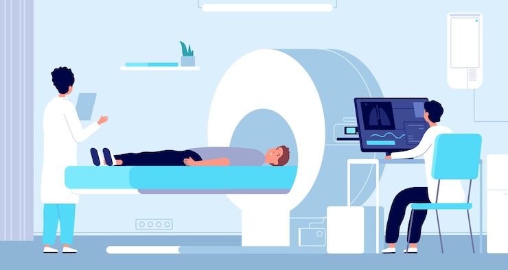Vector magnetic resonance imaging. mri equipment, doctor and patient in tomography machine. hospital radiology, scan procedure 