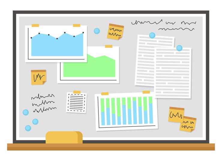 Vector magnetic whiteboard with charts, documents, notes and stickers. planning work tasks in the office.