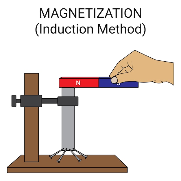 Magnetization. Induction method. Making a magnet. Physics education science.