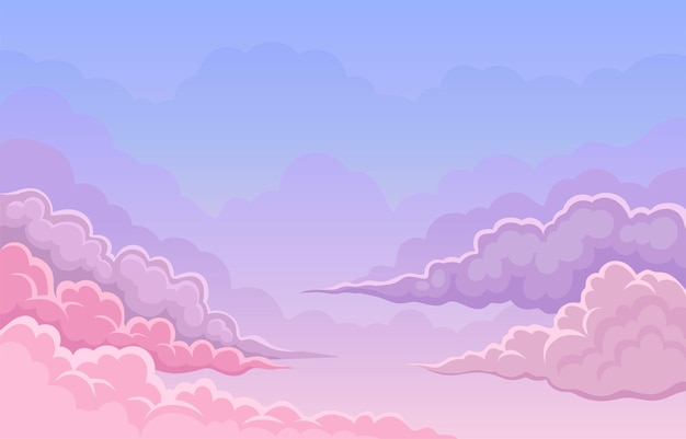 Magnificent layered pink and lilac clouds on a blue sky Vector illustration