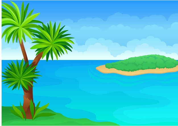 Magnificent palm tree on the green seashore In the distance a small island Vector illustration on white background