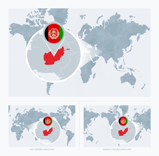 Vector magnified afghanistan over map of the world 3 versions of the world map with flag and map of afghanistan