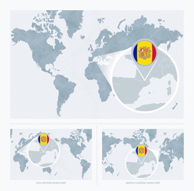 magnified andorra over map of the world 3 versions of the world map with flag and map of andorra