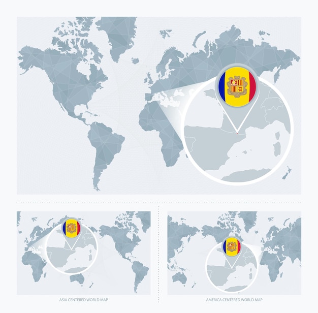 Magnified Andorra over Map of the World 3 versions of the World Map with flag and map of Andorra