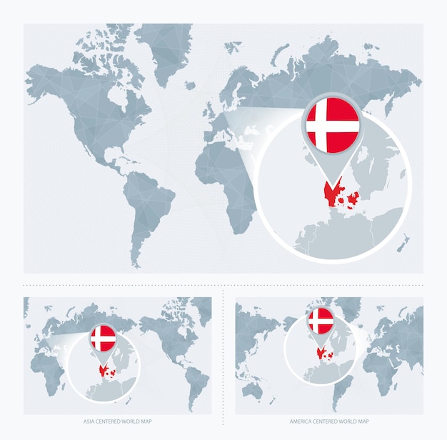 世界地図の上にデンマークを拡大 デンマークの国旗と地図を含む世界地図の 3 つのバージョン