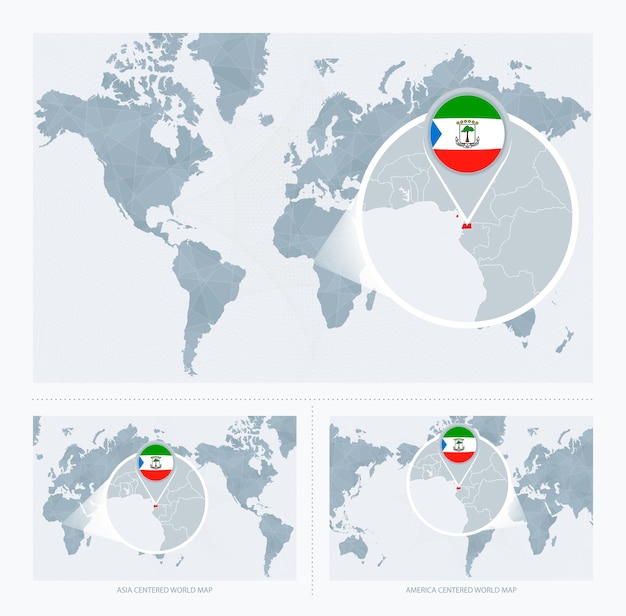 Vector magnified equatorial guinea over map of the world 3 versions of the world map with flag and map of equatorial guinea