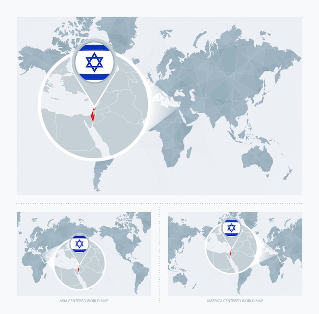 Vettore israele ingrandito sulla mappa del mondo 3 versioni della mappa del mondo con bandiera e mappa di israele
