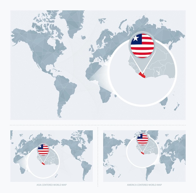 Vector magnified liberia over map of the world 3 versions of the world map with flag and map of liberia