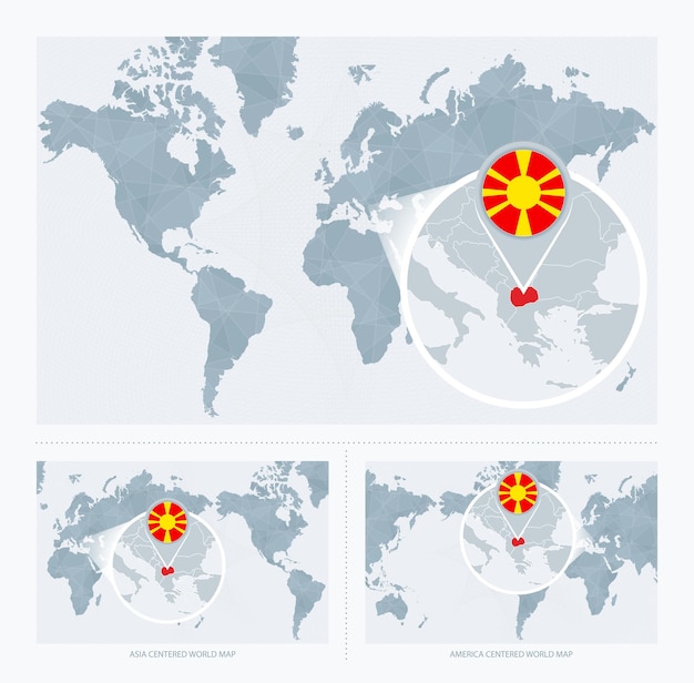 Vector magnified macedonia over map of the world 3 versions of the world map with flag and map of macedonia