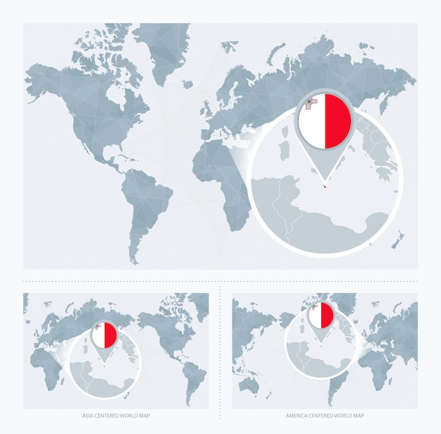 몰타의 국기와 지도가 포함된 세계 지도 3가지 버전 위에 몰타를 확대
