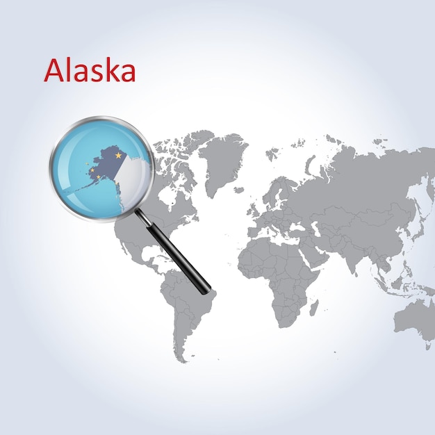 Magnified map Alaska with the flag of Alaska enlargement of maps Vector Art