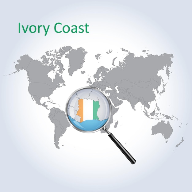 Magnified map Ivory Coast with the flag of Ivory Coast enlargement of maps Vector Art