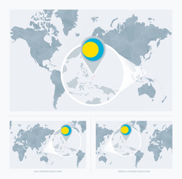 Увеличенное Палау поверх карты мира. 3 версии карты мира с флагом и картой Палау.