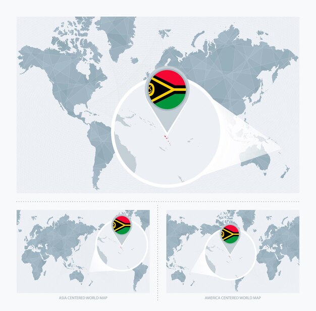 世界地図上の拡大バヌアツ 3 バージョンの世界地図とバヌアツの国旗と地図