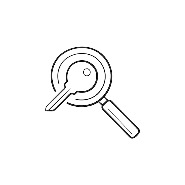 Magnifier and a key hand drawn outline doodle icon. keyword search, seo, search engine optimization concept. vector sketch illustration for print, web, mobile and infographics on white background.