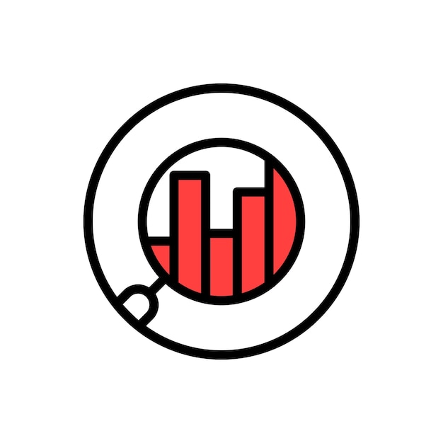 Icona rotonda lente d'ingrandimento come cattiva crescita finanziaria contorno tendenza moderna assesment logo grafico tratto elemento di design isolato su bianco concetto di pittogramma fallimento budget o distintivo di previsione del fondo