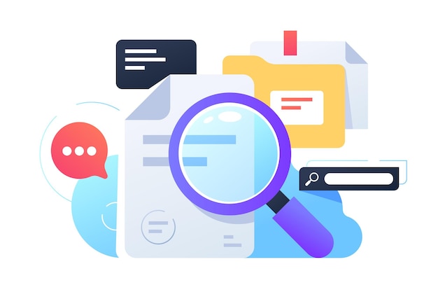 文書とインターネットを使用して情報を検索する拡大鏡。 Webサービス、フォルダー、およびオンラインを使用してデータを収集するための分離されたコンセプト機器。